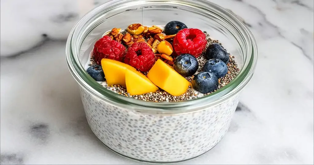 Healthy kefir chia pudding in a jar topped with fresh berries and nuts