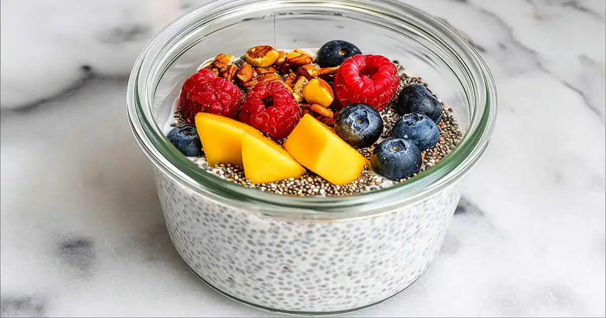 Healthy kefir chia pudding in a jar topped with fresh berries and nuts