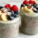 Whipped chia pudding in glass jars topped with banana slices, blueberries, raspberries, coconut flakes, and granola. Healthy no-bake breakfast or snack idea.