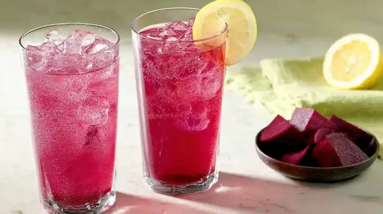 A glass of bright pink beet lemonade, easily made at home using a blender.