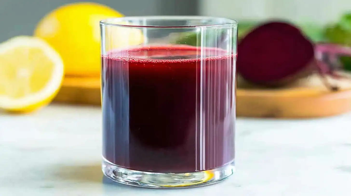 A glass of healthy beet lemonade next to fresh beets and lemons.