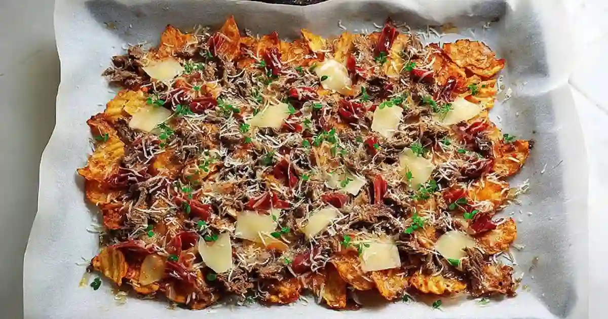 Charcuterie nachos with beef salami, bresaola, melted brie and fig jam on kettle-cooked chips