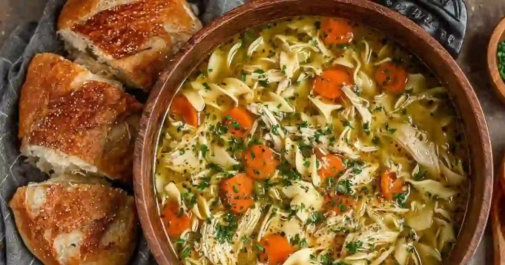12 Cozy Crockpot Soups to Make for Winter 13 easy rotisserie chicken noodle soup e1764630720754